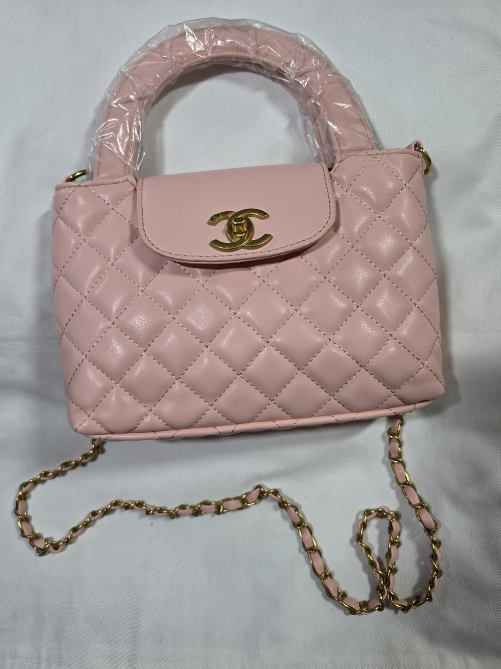 Pink Quilted Top-Handle Crossbody Bag with Gold Hardware